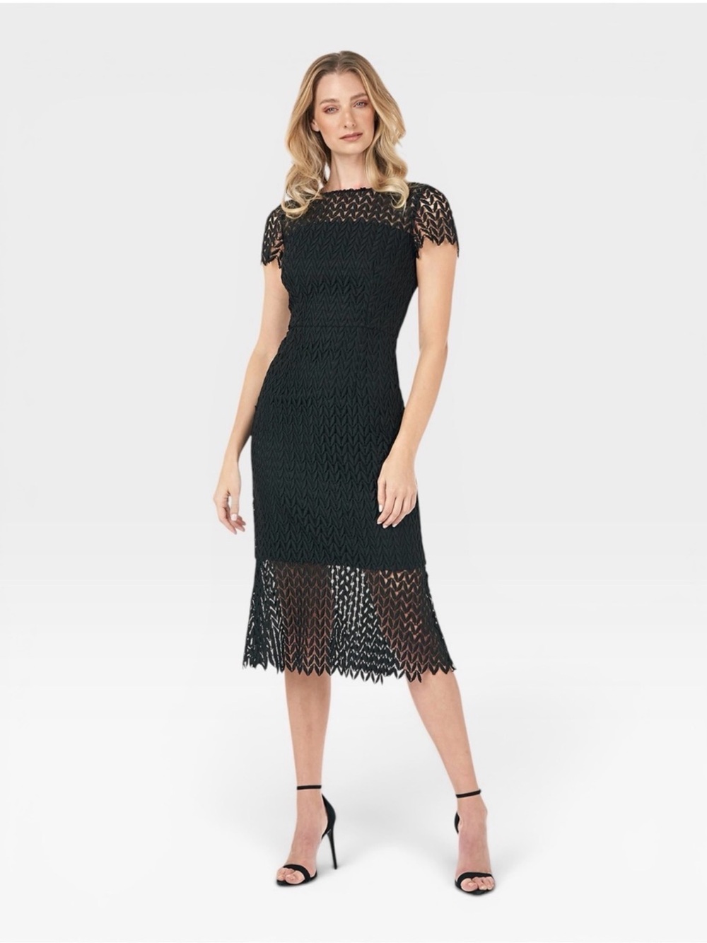 Kay Unger Tatum Short Sleeve Lace Midi Cocktail Dress Size 6